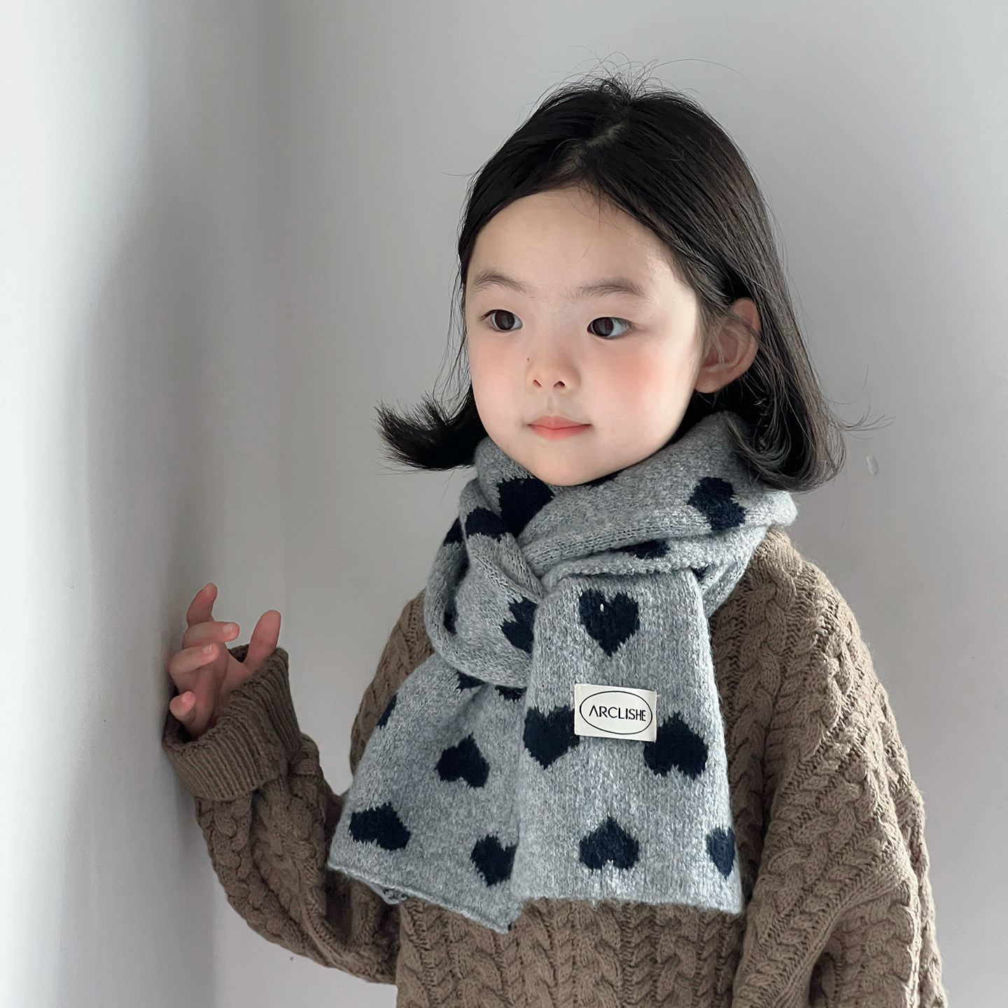韩系甜美贴标爱心红色双面毛线围巾女秋冬保暖百搭学生针织围脖潮
