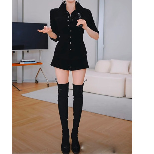 短裤 新款 丝绒拼接外套休闲显瘦衬衫 黑色长袖 设计秋冬时尚
