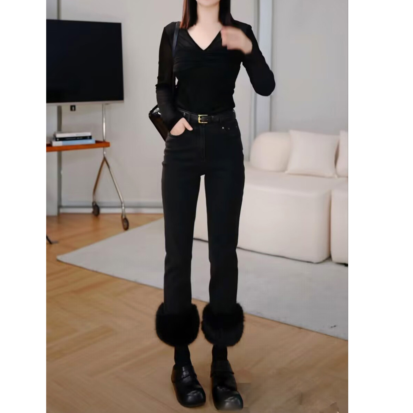 黑色牛仔7分裤女士牛仔裤毛毛