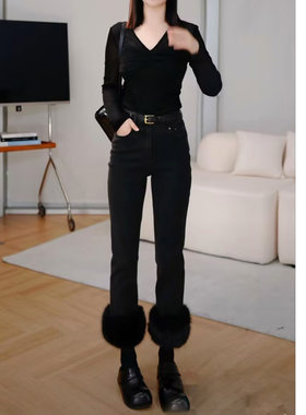 黑色牛仔7分裤女士牛仔裤毛毛