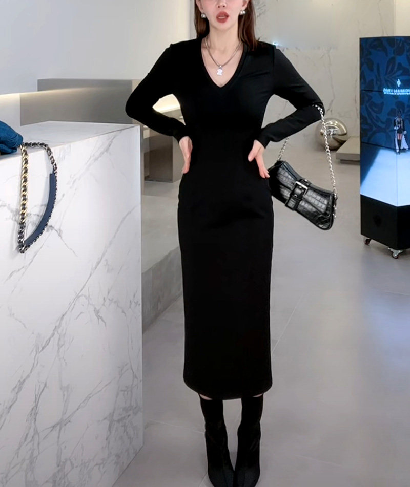设计新款时尚V领长袖弹力套头女士中长款连体裙显瘦气质开叉长裙