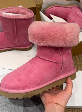 羊皮毛一体雪地靴2025新家复古风圆头套筒粉红色雪地棉加绒中筒靴