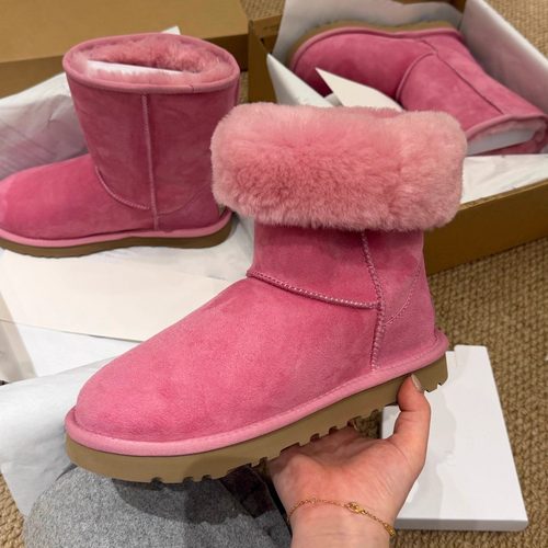 羊皮毛一体雪地靴2025新家复古风圆头套筒粉红色雪地棉加绒中筒靴