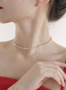 粉黛水晶天然淡水珍珠项链