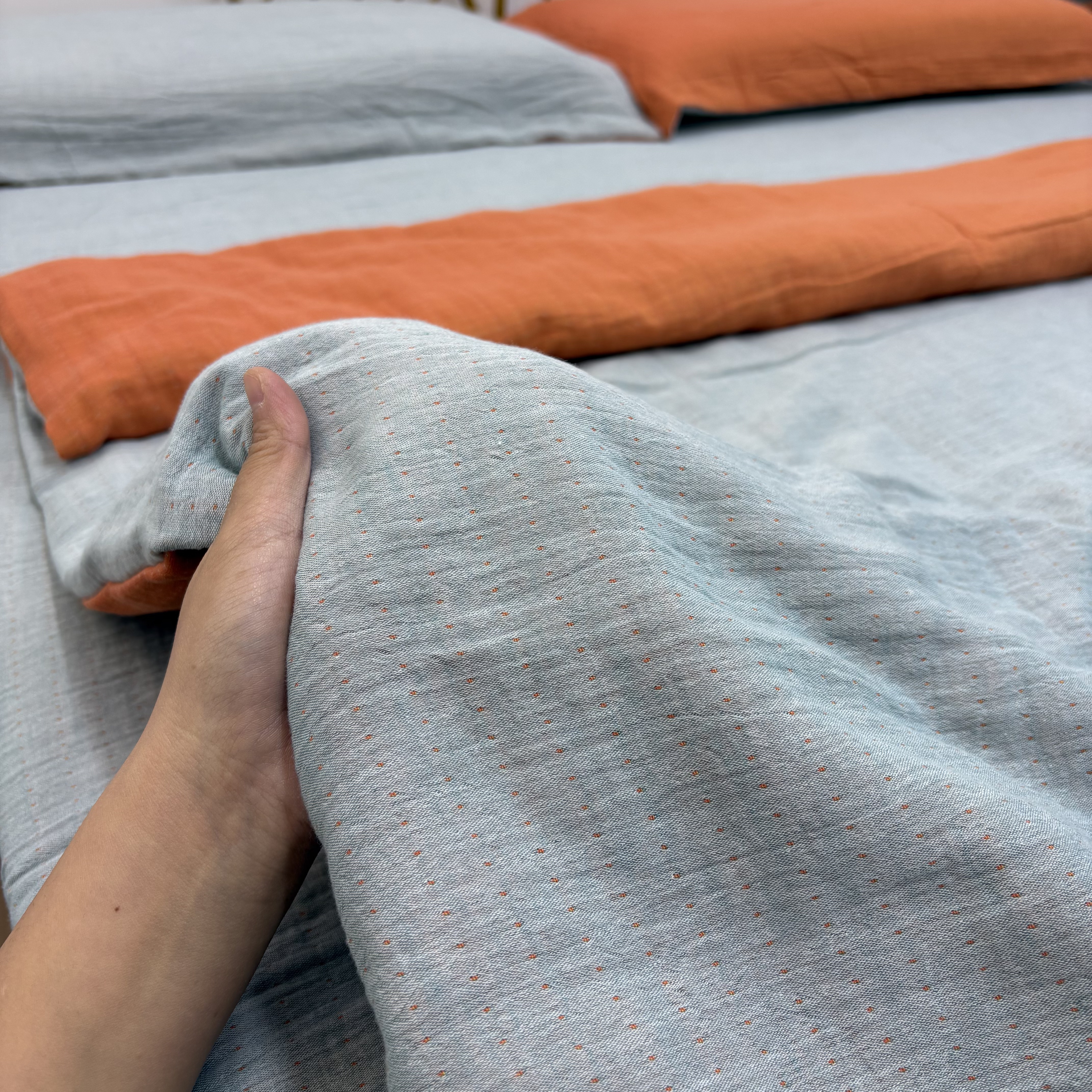 （纯色蓝橘）A类母婴级全棉炫彩双层纱被罩单件四季通用柔软舒适