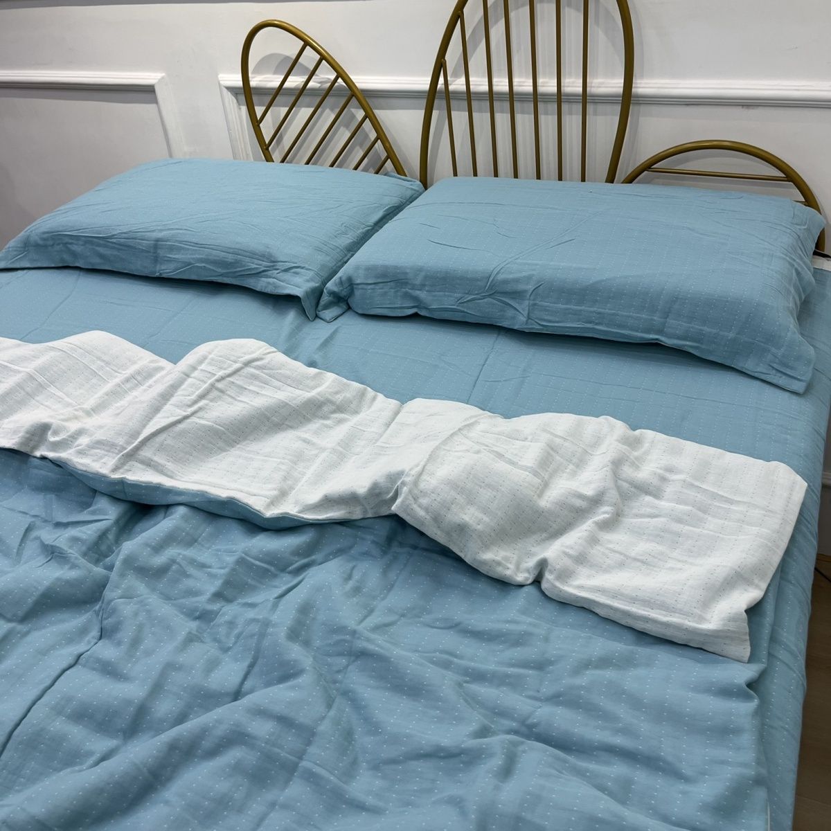 （海盐蓝白）A类母婴级全棉炫彩双层纱被罩单件四季通用柔软舒适