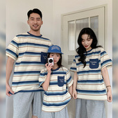 母女母子纯棉短袖 条纹T恤全家装 宽松上衣 一家三口美式 高级亲子装