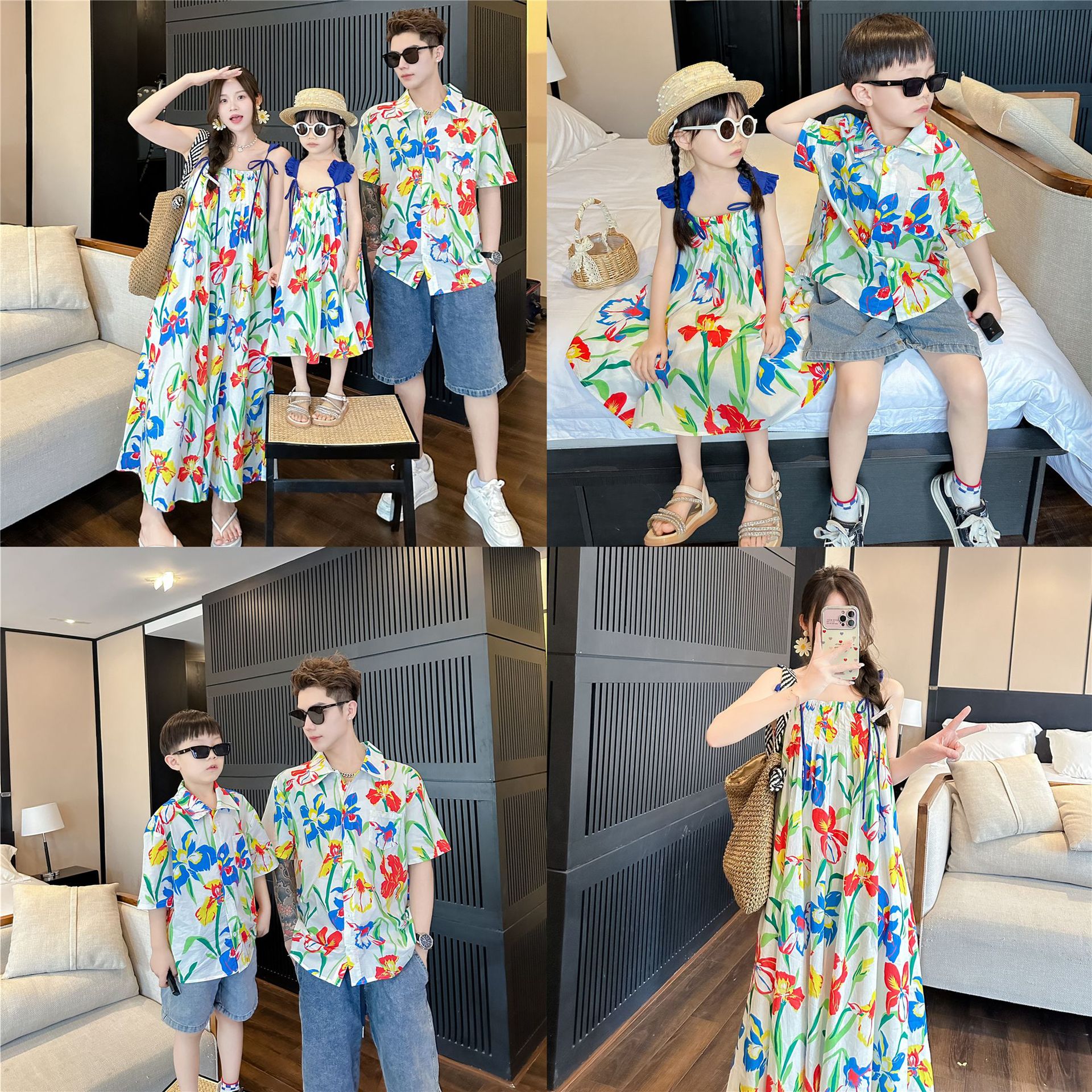 多巴胺亲子装2024新款夏天海边度假沙滩裙一家三口母子母女连衣裙