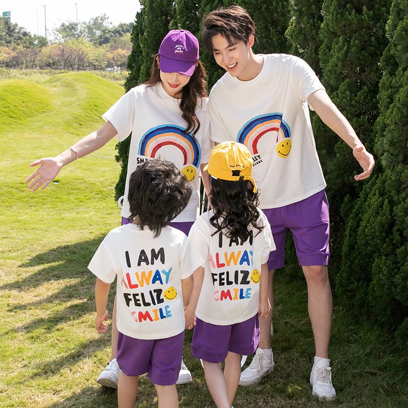 彩虹笑脸印花亲子T恤 潮牌短袖洋气母女亲子装童装2023新款夏装潮