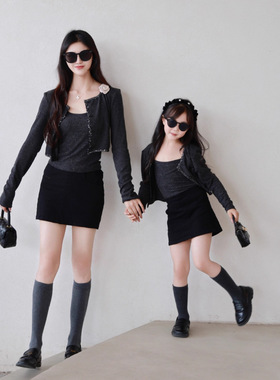 一起玩亲子装 25秋季母女装网红小香风烟灰色吊带开衫针织两件套