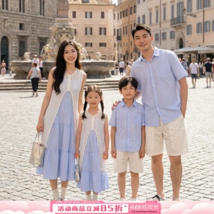 2026新款韩系蓝白条纹亲子装一家三口夏季短袖衬衫连衣裙母女装潮