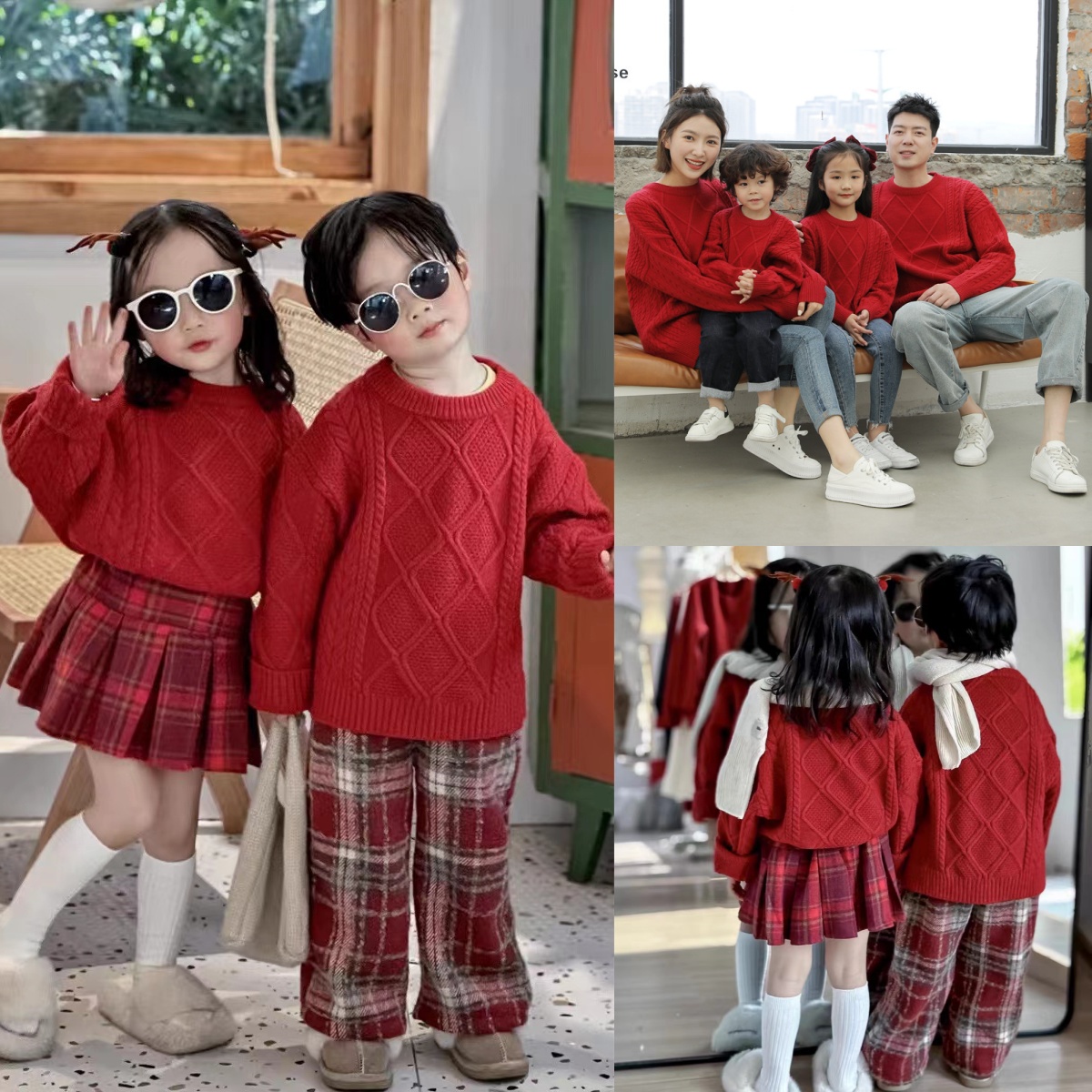 全家福亲子装亲子装母女父子一家三口四口显白红色羊毛套头针织衫