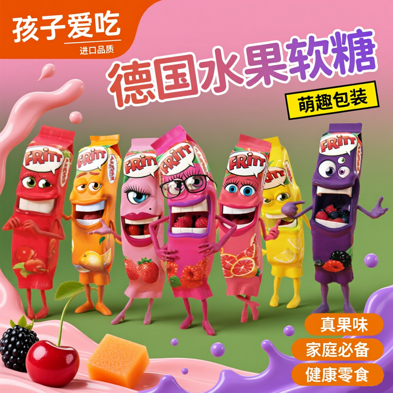 2个起】德国进口fritt喜果宝软糖酸甜水果口嚼不粘牙手撕零食70g