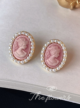 AA3941明星露思同款欧美复古珍珠耳环宫廷美人头像耳钉女粉色耳饰