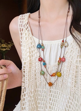 彩色多巴胺陶瓷爱心串珠项链女夏季长款新中式双层毛衣链吊坠配饰