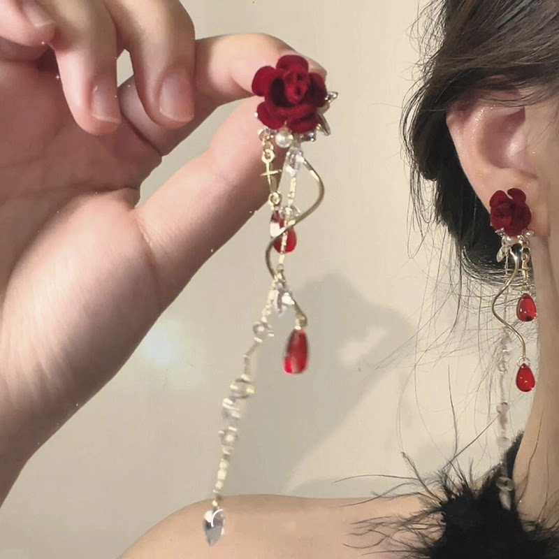 「玫瑰恋人」新年酒红色植绒花朵流苏耳钉复古显白轻奢方圆脸耳饰