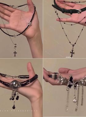 暗黑十字架choker女长款叠戴锁骨链轻奢高级感小众辣妹朋克风颈链