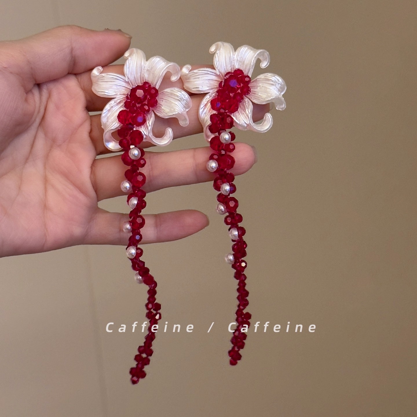 勃垦地鸢尾 法式红色花朵串珠流苏耳环 高级感小众设计气质耳钉