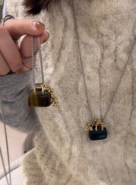 韩国博主同款天然虎眼石黑曜石包包葡萄串项链设计感百搭毛衣链女