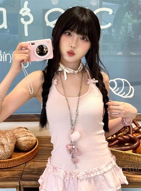 日系亚文化天使翅膀音符皮质项链甜酷少女感粉色长款毛球锁骨链女