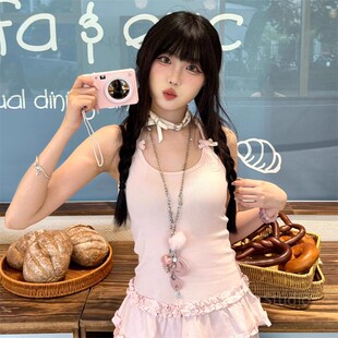 日系亚文化天使翅膀音符皮质项链甜酷少女感粉色长款毛球锁骨链女