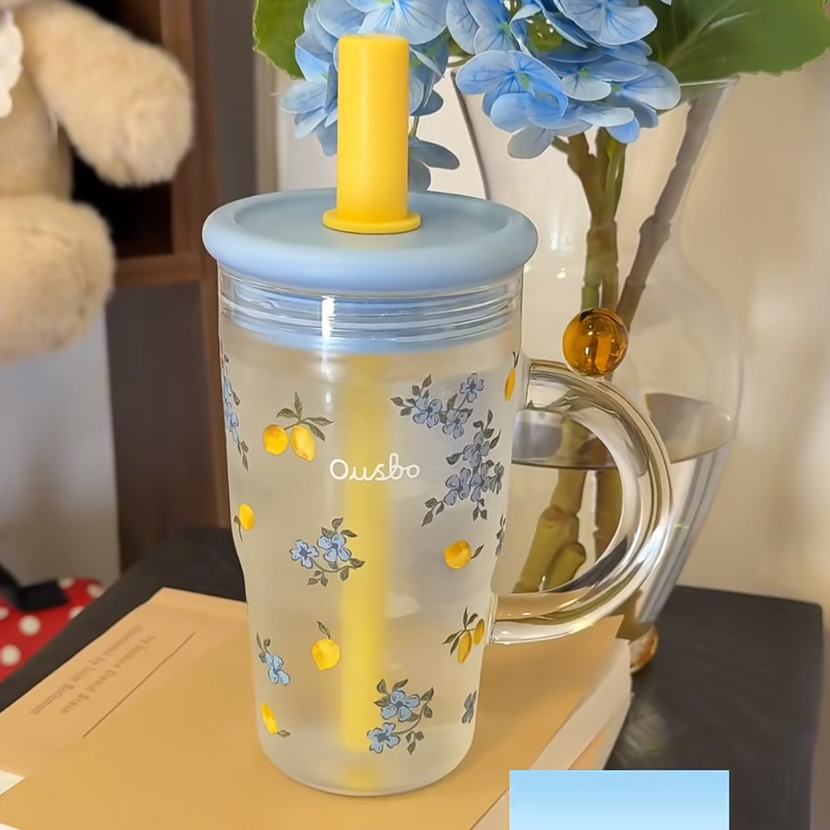 Ousbo花花玻璃水杯女生高颜值吸管桌面杯新款大容量咖啡饮品杯子