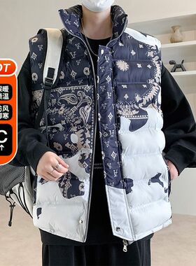 潮牌立领棉马甲男生2025冬季新款个性印花无袖棉衣服外套大码坎肩