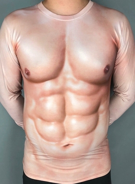 年会搞笑肌肉男t恤3D纹身衣服猩猩图案个性假腹肌胸肌肉长袖t恤潮