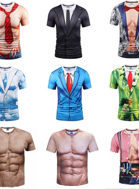 抖音搞笑大猩猩创意肌肉t恤男西服仿真猛男腹肌男装年会表演衣服