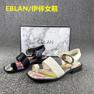 EBLAN/伊伴女凉鞋真皮撤柜夏季牛皮平底一字扣带中空凉鞋女士