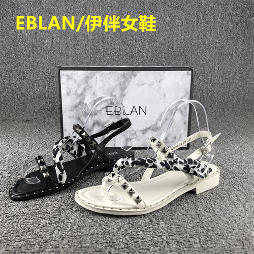 EBLAN/伊伴中空凉鞋女真皮正品撤柜夏季牛皮平底一字搭扣凉鞋女士