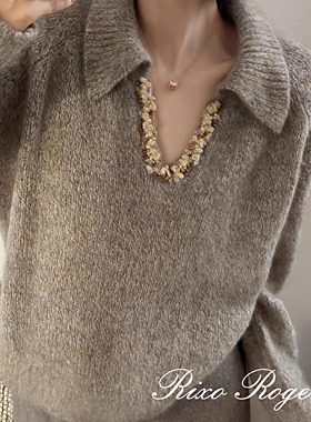 法国Rixo Roger 秋冬季新款高级感宽松针织灰色亮片v领翻领毛衣女