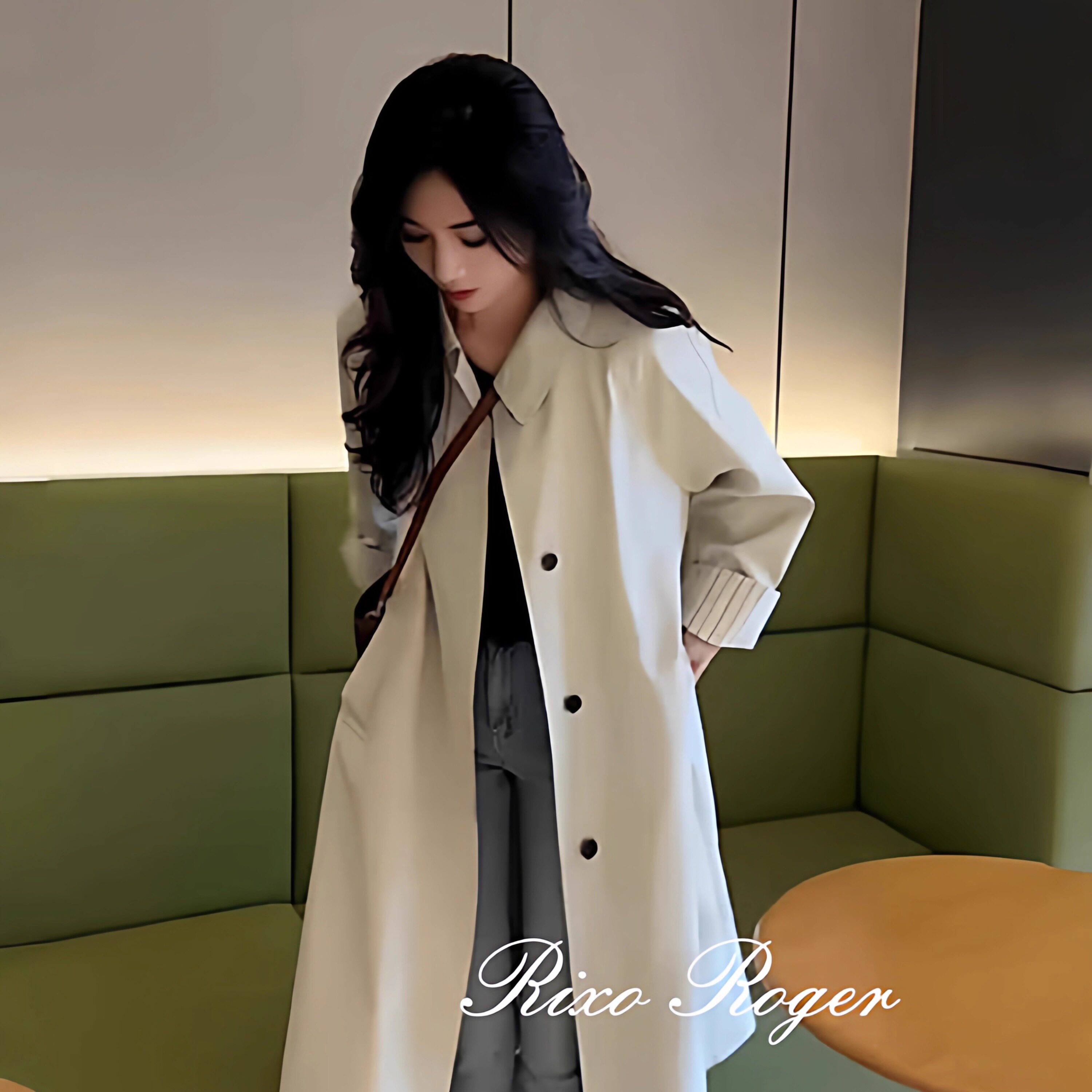 法国Rixo Roger 秋季新款高端气质优雅百搭长款米白色风衣外套女