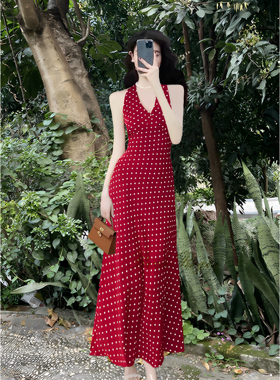 法国Rixo Roger 25夏季新款法式复古甜心V领红色波点挂脖连衣裙女