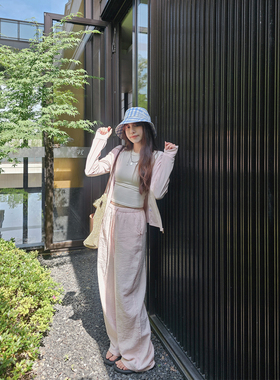 粉色棉麻感阔腿裤夏季2026新款高腰舒适小个子宽松直筒抽绳休闲裤