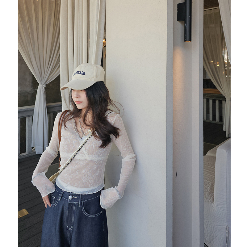 小个子长袖T挂脖内衬吊带上衣