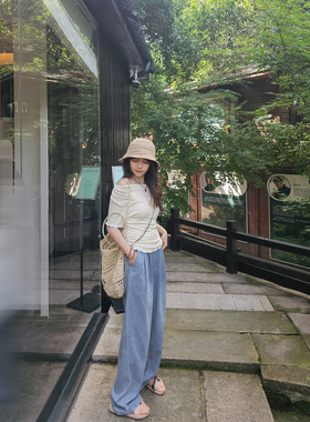天丝阔腿裤女春夏2025新款小个子垂感直筒宽松慵懒松弛感牛仔裤子