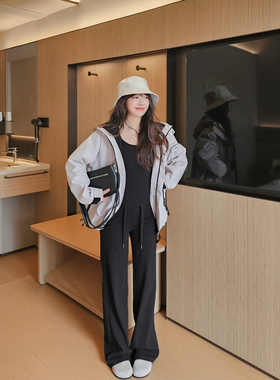 灰色美式运动裤女夏季新款高腰垂感休闲裤小个子拖地直筒阔腿裤