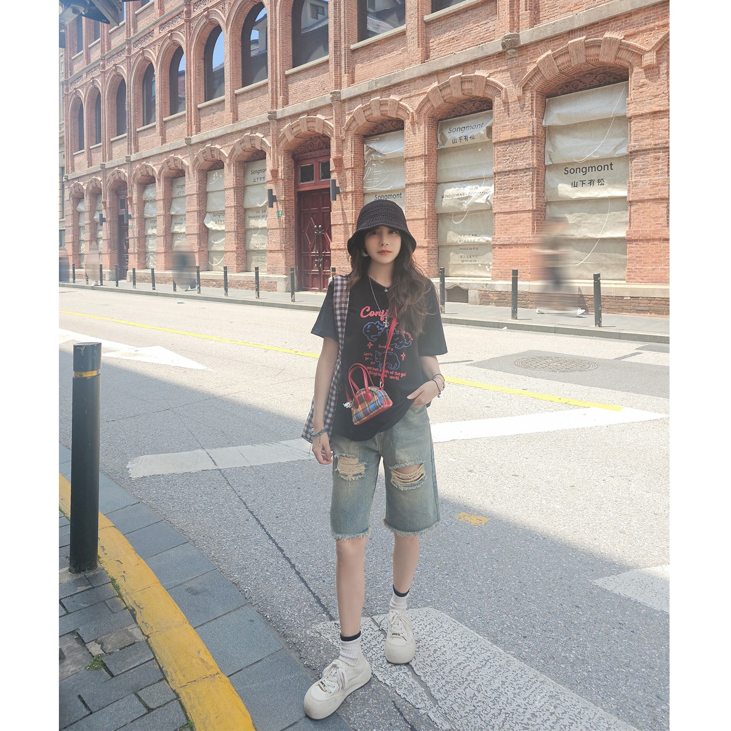 高腰破洞复古牛仔裤女五分裤子