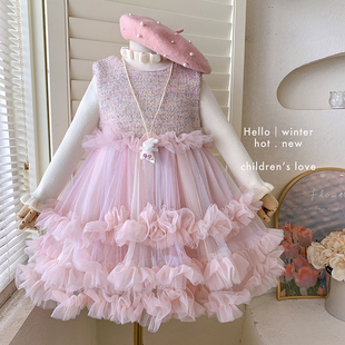 无袖 女童针织上衣 加绒网纱连衣裙25D008 粉珀流光 25秋冬