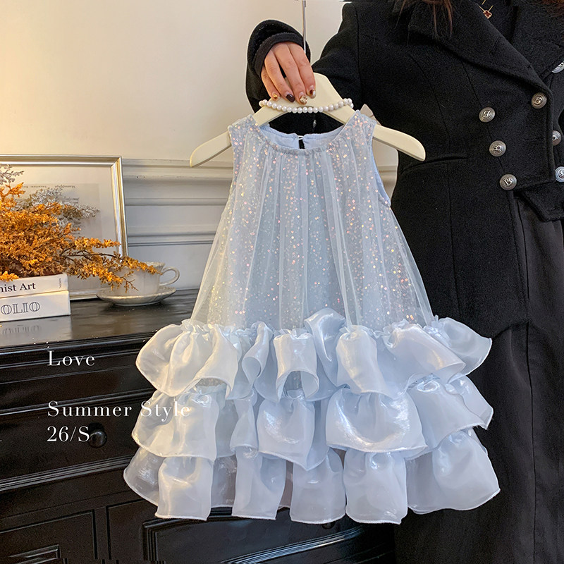 2026夏”夏日絮语”女童无袖亮片网纱连衣裙花朵裙摆26X001