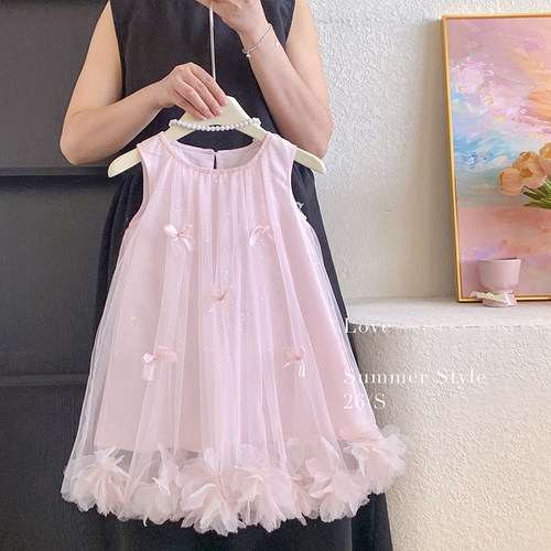 2026夏“蜜桃之心”女童无袖蝴蝶结网纱连衣裙26X006