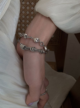 复古爱心流苏手链女ins小众设计精致冷淡风925纯银轻奢感饰品