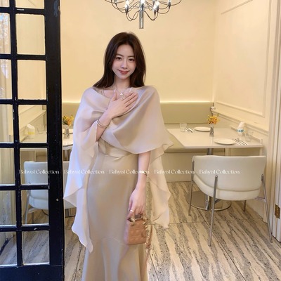 Baby61【南屏晚风】气质贵气斗篷披肩&优雅吊带鱼尾裙连衣裙女新