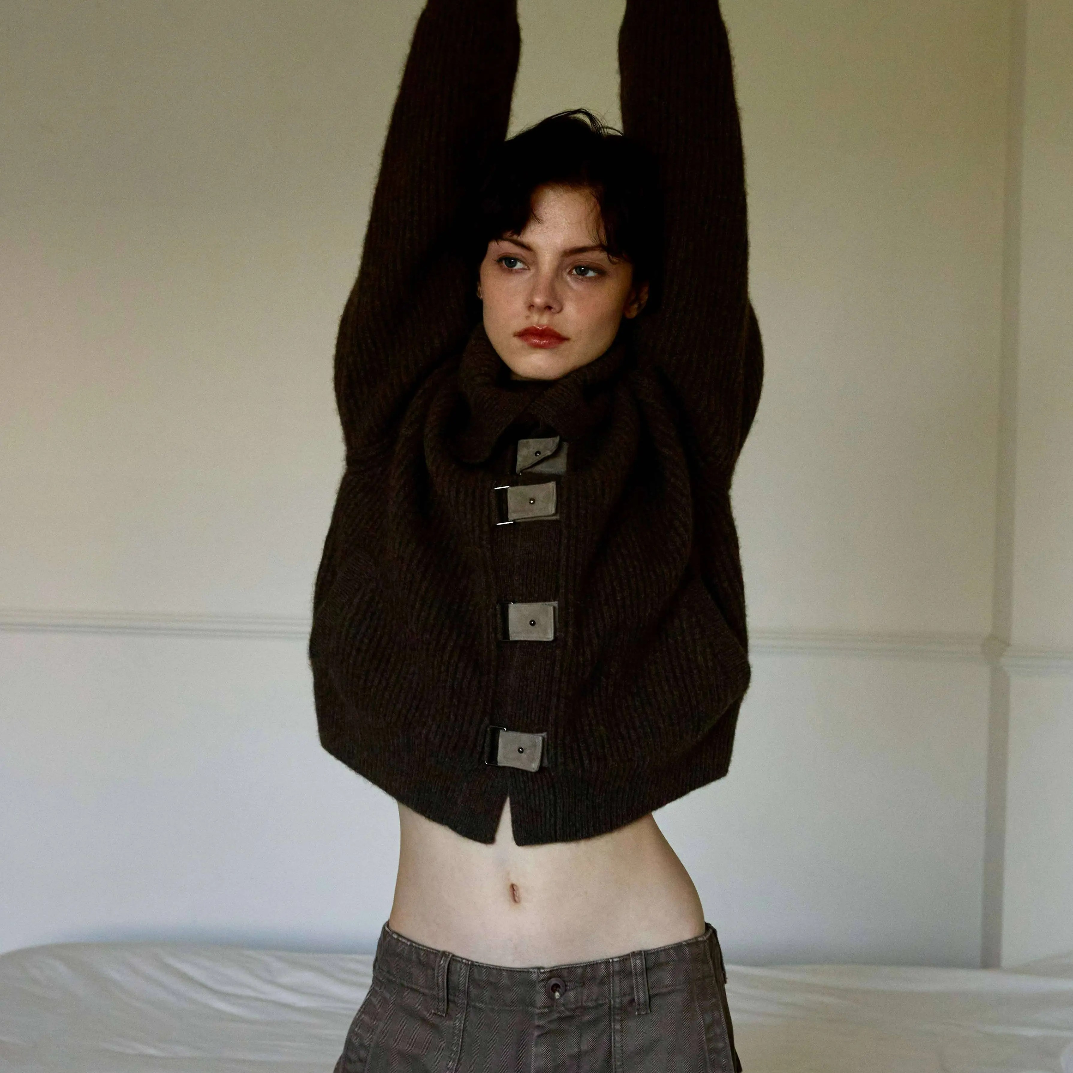 Semora25AW新品 牦牛绒胎牛皮扣翻领针织开衫慵懒风SW0006