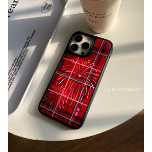 绽放吧 a54本命年高级感 简约大气红色格纹烟花手机壳适用苹果16pro亮面大孔14华为mate70小米15三星s24