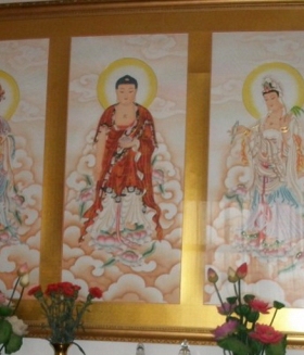 三宝佛挂画西方三圣佛像手工绘画 观音菩萨绸布画像 阿弥陀佛国画