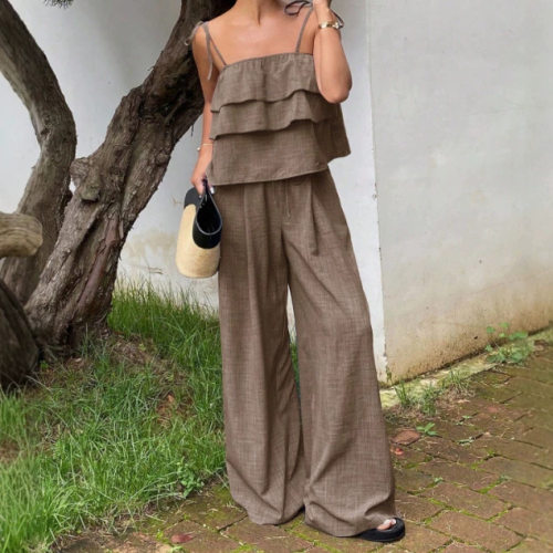 Loose Strap High Waist Wide-leg Pants Casual Two-piece Set F