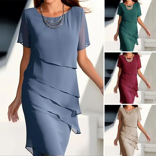 2026-style Slimming Patchwork Chiffon Round-neck Short-sleev