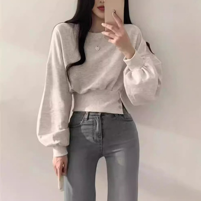 Korean Chic Niche Design Crewneck Buckle Slimming Short Pull